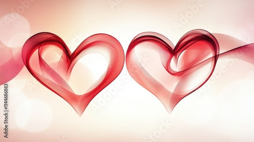 Abstract ribbons of glowing red light twisting and forming hearts, set against a soft pink background.