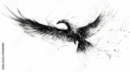 Unusual black and white sketch of flying phoenix-like bird with wide opened wings on the white background. Phoenixlike. Illustration photo