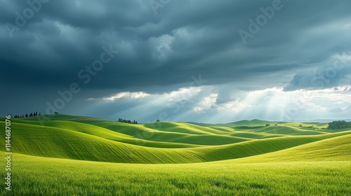 Stormy skies over rolling green hills create a dramatic landscape in nature's beauty