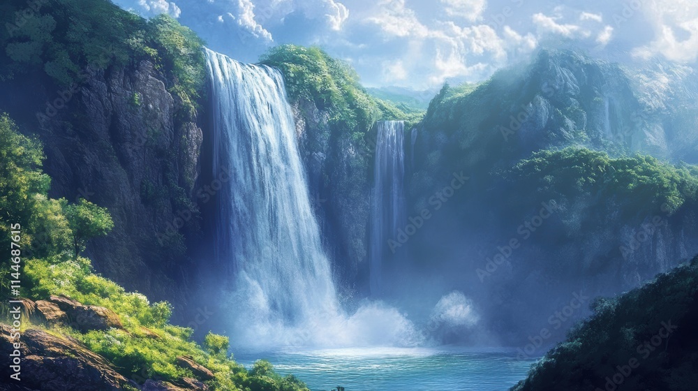 Majestic waterfall event at cliff high-fidelity panoramic viewpoint in nature Majestic waterfall event at cliff high-fidelity panoramic viewpoint in nature