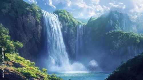 Majestic waterfall event at cliff high-fidelity panoramic viewpoint in nature
