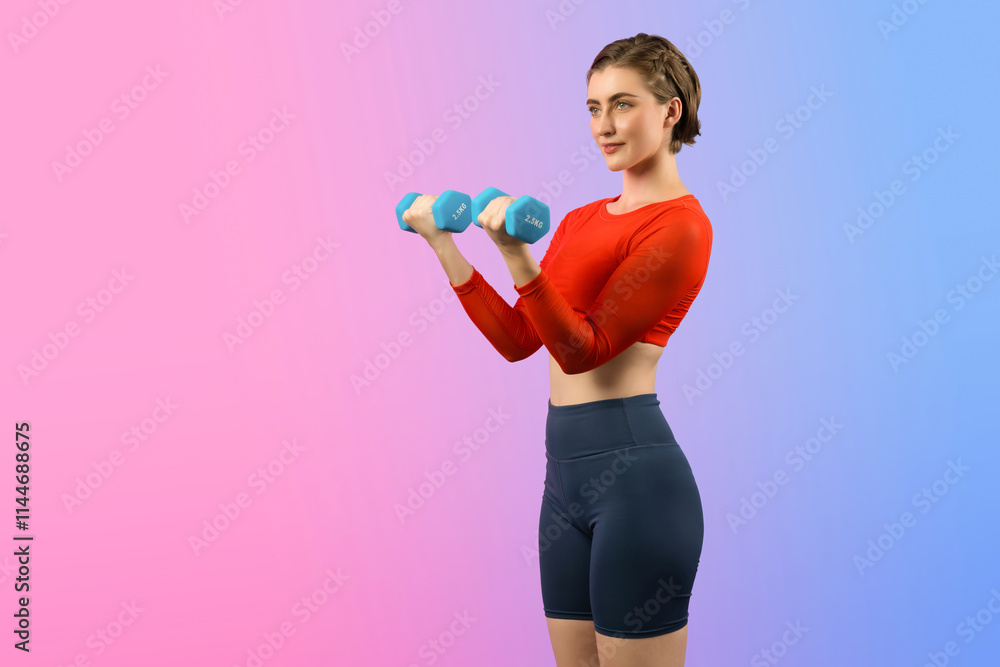 Full body length gaiety shot athletic and sporty woman with dumbbell for weight lifting as bodybuilding exercise in standing posture on isolated background. Healthy active and body care lifestyle Full body length gaiety shot athletic and sporty woman with dumbbell for weight lifting as bodybuilding exercise in standing posture on isolated background. Healthy active and body care lifestyle