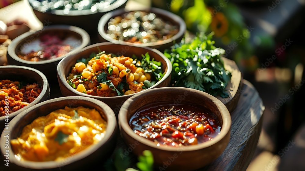 Varied bowls eagerly presenting diverse food wide shot photo.. AI Generated Varied bowls eagerly presenting diverse food wide shot photo.. AI Generated