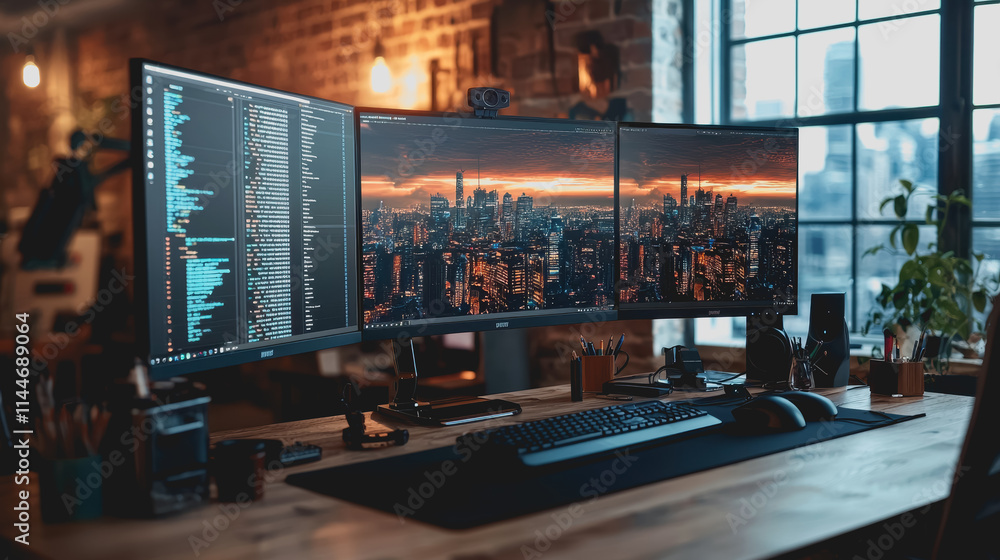 Modern workspace with three monitors displaying code and city skyline during sunset, cozy interior, wooden desk and plants for inspiration