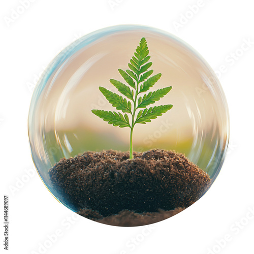 Young Fern Sprout in a Glass Orb: A delicate fern seedling emerges from rich soil, encapsulated within a clear glass sphere against a warm sunset backdrop.  The image symbolizes growth, fragility. photo