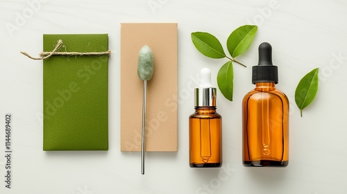 Skincare product set with dropper bottles, jade, leaves, box on white. photo