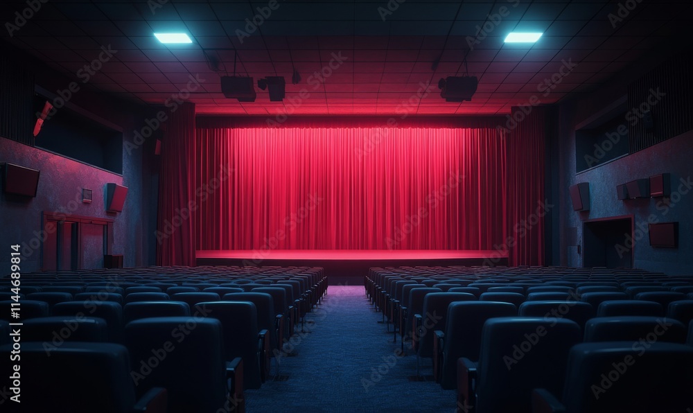 Fototapeta premium Presenting a dimly lit empty movie theater and stage, with red curtains drawn, observed from the rear over rows of unoccupied seats