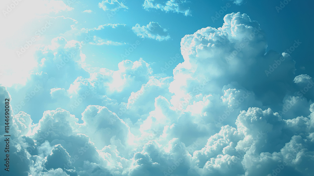 Beautiful White Clouds Against a Bright Blue Sky with Sunlight Illuminating the Cloud Texture and Creating a Peaceful Atmosphere Beautiful White Clouds Against a Bright Blue Sky with Sunlight Illuminating the Cloud Texture and Creating a Peaceful Atmosphere