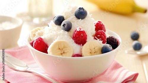 Delicious bowl of yogurt with fresh berries and banana slices for a healthy breakfast