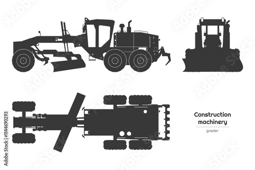 Isolated grader black silhouette. Industrial transport. Side, top and front view of construction vehicle. Heavy truck drawing. Road machine blueprint