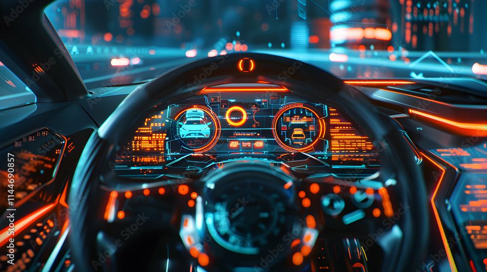 Futuristic Car Dashboard with Neon Lights and Digital Displays Futuristic Car Dashboard with Neon Lights and Digital Displays