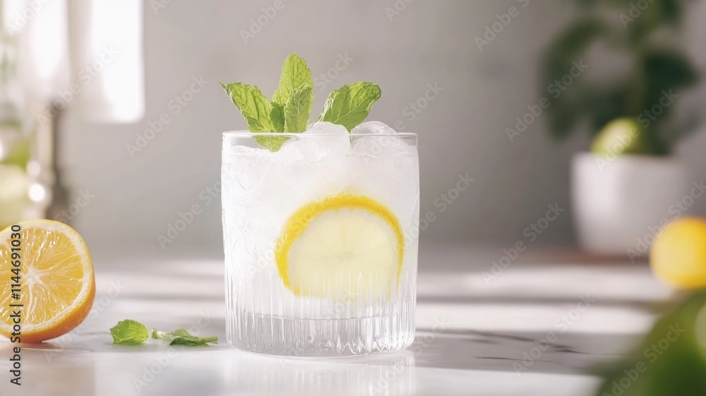 Fototapeta premium Refreshing summer lemonade with mint and ice on sunny table