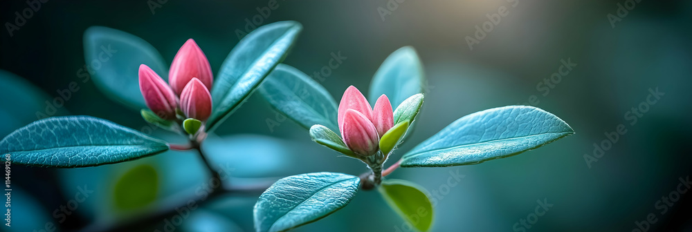 Delicate Pink Buds on Teal Leaves, Springtime Bloom, Nature's Gentle Awakening, Vibrant Colors, Peaceful Serenity. Delicate Pink Buds on Teal Leaves, Springtime Bloom, Nature's Gentle Awakening, Vibrant Colors, Peaceful Serenity.