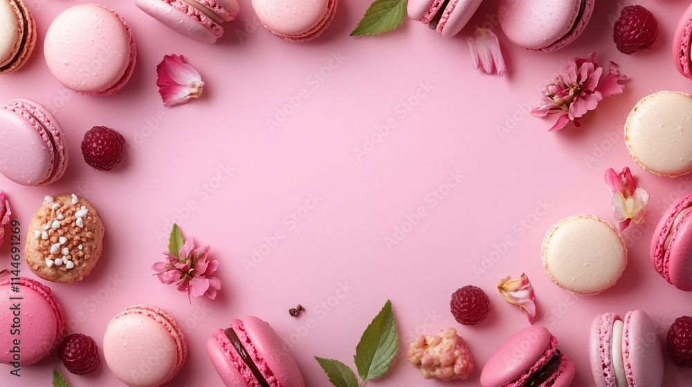 Elegant macaron frame with fresh berries and flowers. Festive pink background with pink and white Macarons with floral decoration, flat lay. Top view photo Elegant macaron frame with fresh berries and flowers. Festive pink background with pink and white Macarons with floral decoration, flat lay. Top view photo