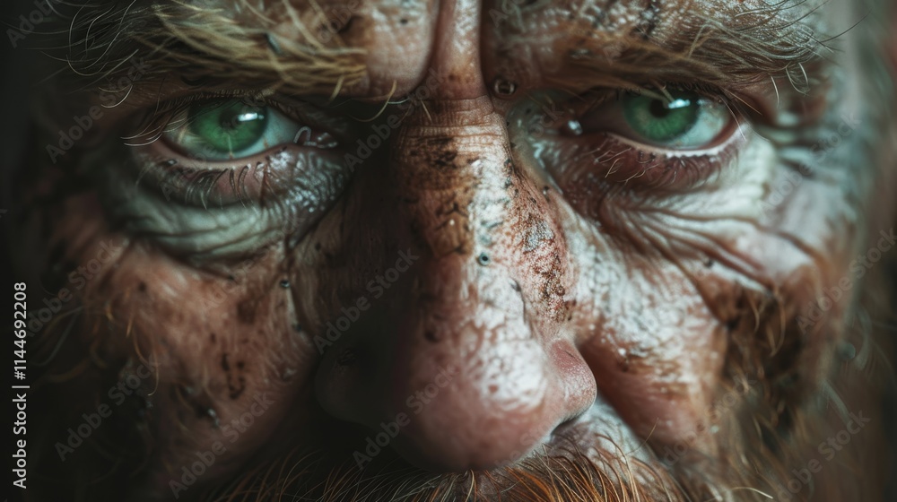 Cinematic close up of a gritty viking man, 46, showcasing striking green eyes and detailed skin Cinematic close up of a gritty viking man, 46, showcasing striking green eyes and detailed skin