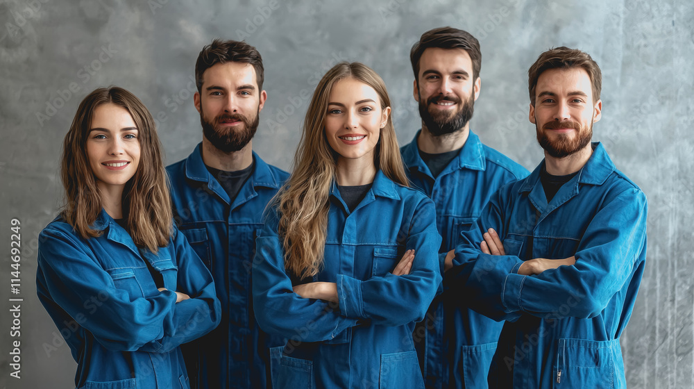 Group of diverse young professionals in blue coveralls smiling confidently while posing together against a textured grey background in a studio setting Group of diverse young professionals in blue coveralls smiling confidently while posing together against a textured grey background in a studio setting