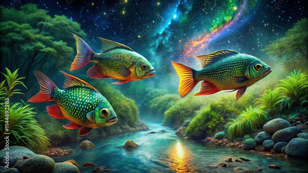 Colorful Fish Swimming in a Mystical Stream Colorful Fish Swimming in a Mystical Stream
