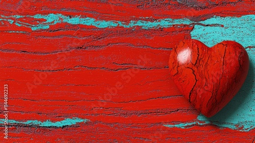Red heart on rustic red and teal wood.