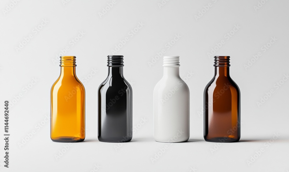 A mockup featuring black, white, and amber bottles isolated on a white background. Suitable for various purposes such as medical, cosmetic, and food packaging. Rendered in vector A mockup featuring black, white, and amber bottles isolated on a white background. Suitable for various purposes such as medical, cosmetic, and food packaging. Rendered in vector