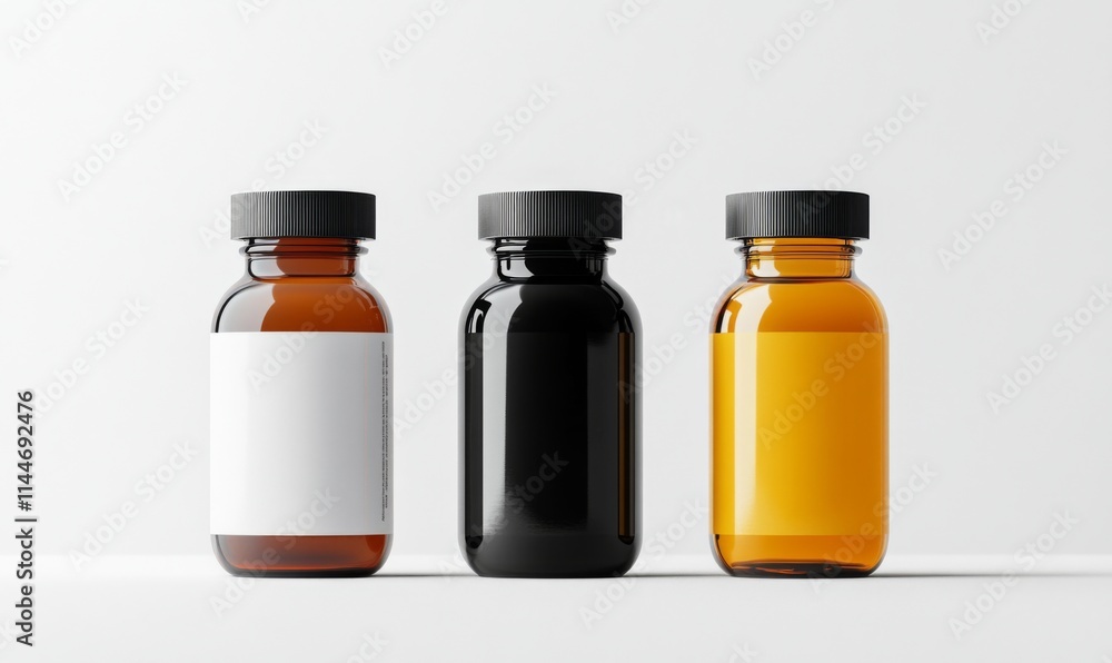 A mockup featuring black, white, and amber bottles isolated on a white background. Suitable for various purposes such as medical, cosmetic, and food packaging. Rendered in vector A mockup featuring black, white, and amber bottles isolated on a white background. Suitable for various purposes such as medical, cosmetic, and food packaging. Rendered in vector