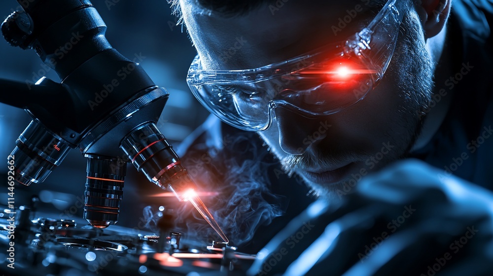 Scientist studies microscope with laser, focus, safety glasses. Scientist studies microscope with laser, focus, safety glasses.