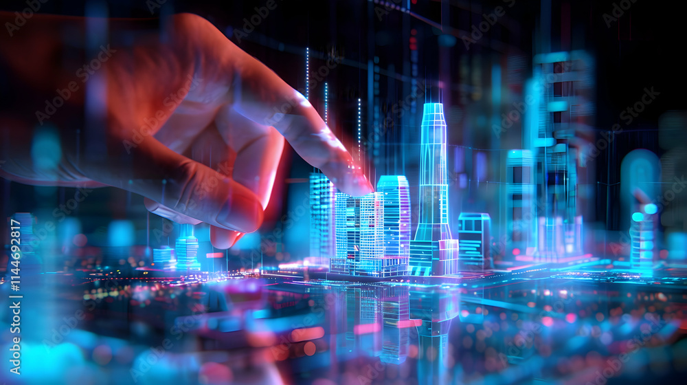 Futuristic Hand Interacting with Virtual Cityscape in Neon Lights Futuristic Hand Interacting with Virtual Cityscape in Neon Lights