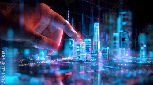 Futuristic Hand Interacting with Virtual Cityscape in Neon Lights