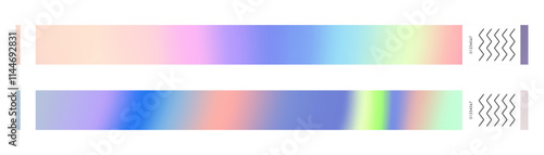 Set of retro paper wristbands and bracelets with hologram labels. Party and festival ticket Y2K designs. Flat vector illustration isolated on white background.
