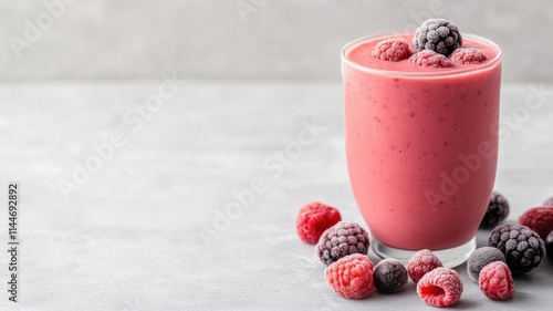 Refreshing mixed berry smoothie with frozen raspberries on gray background photo