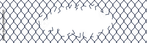 Broken chainlink fence with ripped wire and barbed mesh. Old metal barrier design for cages and steel borders. Flat vector illustration isolated on white background.