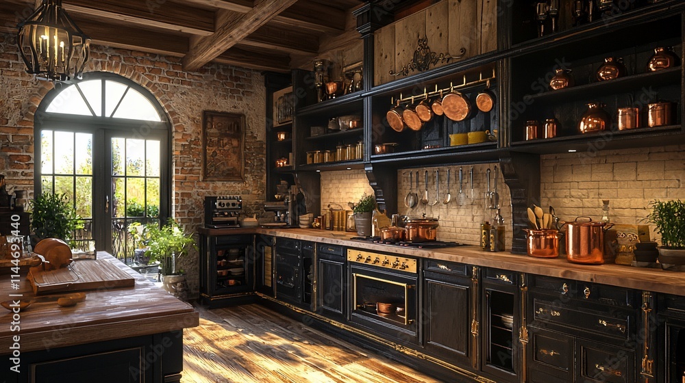 Rustic luxury kitchen with copper accents, exposed brick, and wooden beams.