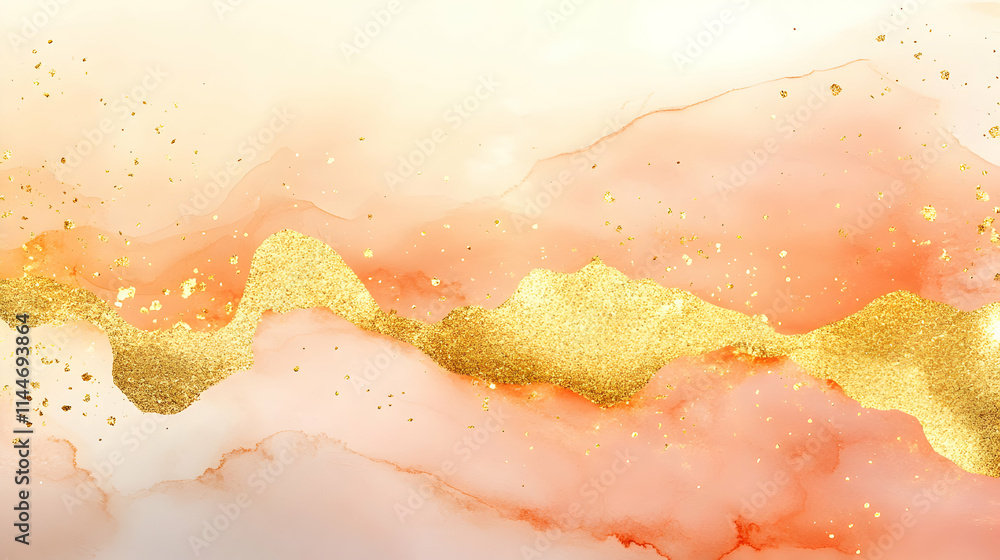 Fototapeta premium Peach & Gold Abstract Art, A Watercolor Landscape of shimmering gold accents on a coral background, creating a luxurious and elegant design.