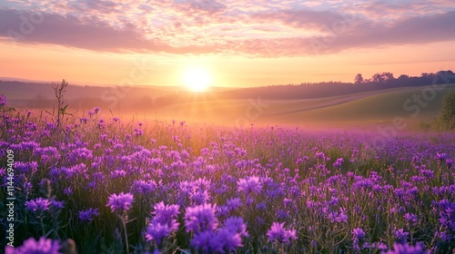 Wide shot photo blooming purple flowers softly at sunrise field. AI Generated