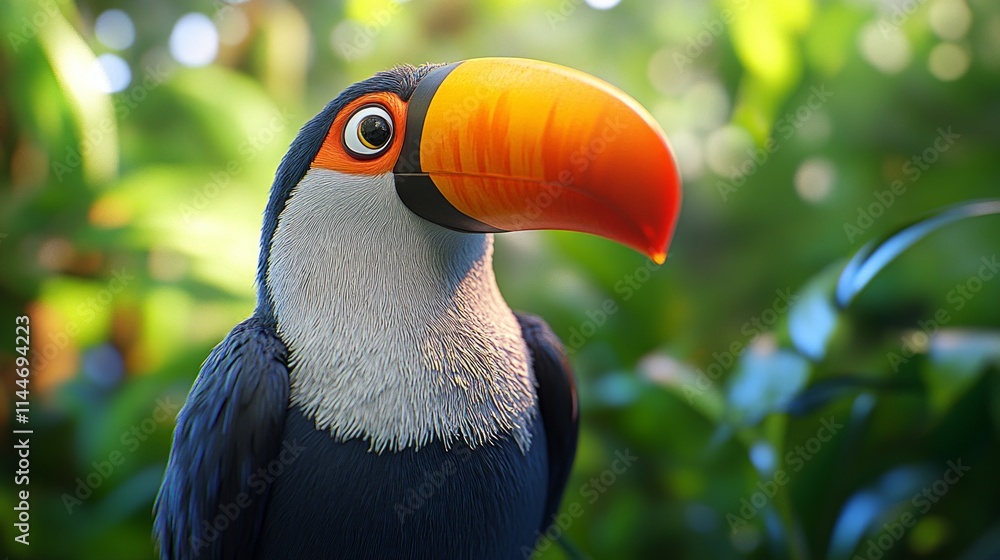 Fototapeta premium This vibrant jungle bird showcases its striking colors while resting among the dense, sunlit greenery of a tropical forest