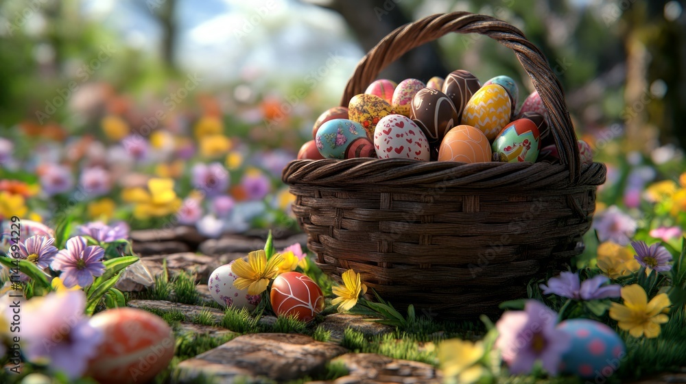A woven basket filled with vibrant Easter eggs rests amidst a carpet of colorful blooming flowers under a bright spring sun in a serene garden A woven basket filled with vibrant Easter eggs rests amidst a carpet of colorful blooming flowers under a bright spring sun in a serene garden