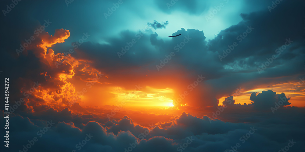 Fototapeta premium Fiery Sunset Above the Clouds, Bird in Flight, Dramatic Sky