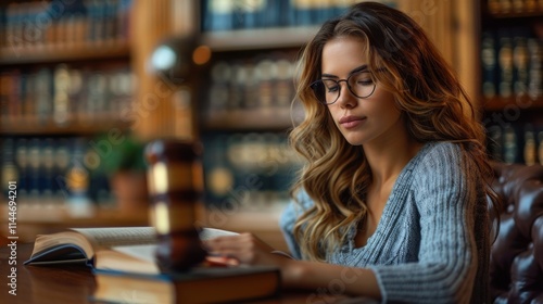 Young woman reading legal cases in a beautiful office