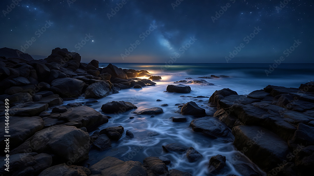 Obraz premium A rocky seashore at night with waves crashing against the stones