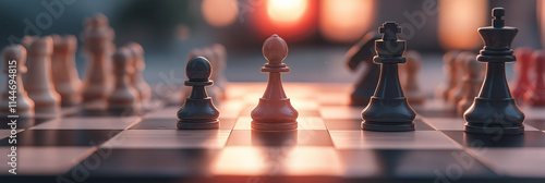 An aesthetically pleasing chess board with meticulously arranged pieces bathed in warm golden sunset light, evoking a strategic and contemplative atmosphere.