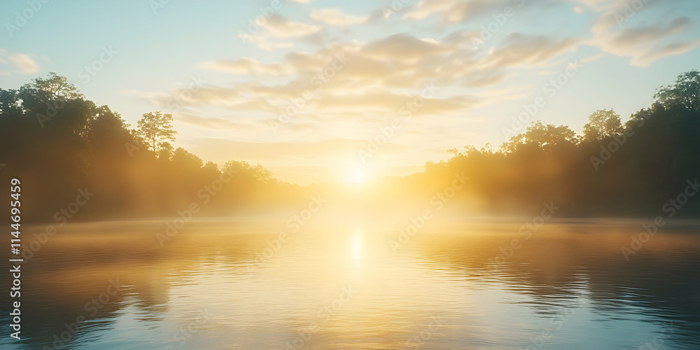 Fototapeta premium Golden Sunrise over Misty Lake, Trees Silhouetted in Warm Light, Peaceful Morning Serenity