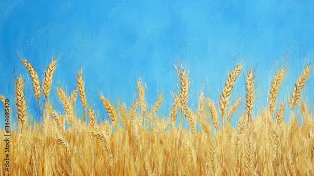 Fototapeta premium Golden Wheat Field Against Bright Blue Sky in Vibrant Landscape