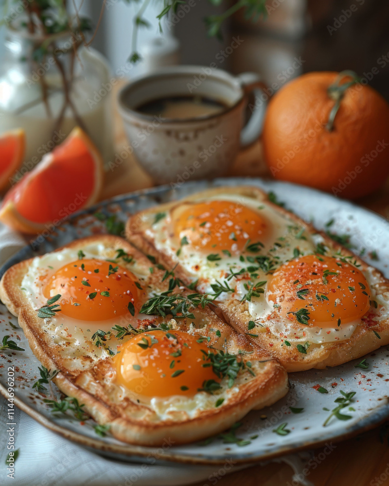 Delicious breakfast scene featuring eggs on toast, fresh herbs, and citrus. Enjoy vibrant colors and cozy atmosphere Delicious breakfast scene featuring eggs on toast, fresh herbs, and citrus. Enjoy vibrant colors and cozy atmosphere