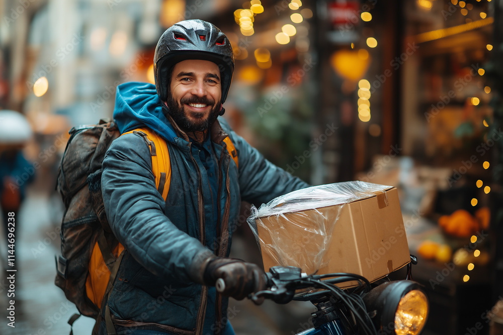 Joyful eco-friendly delivery courier on a rainy city street. Generative AI