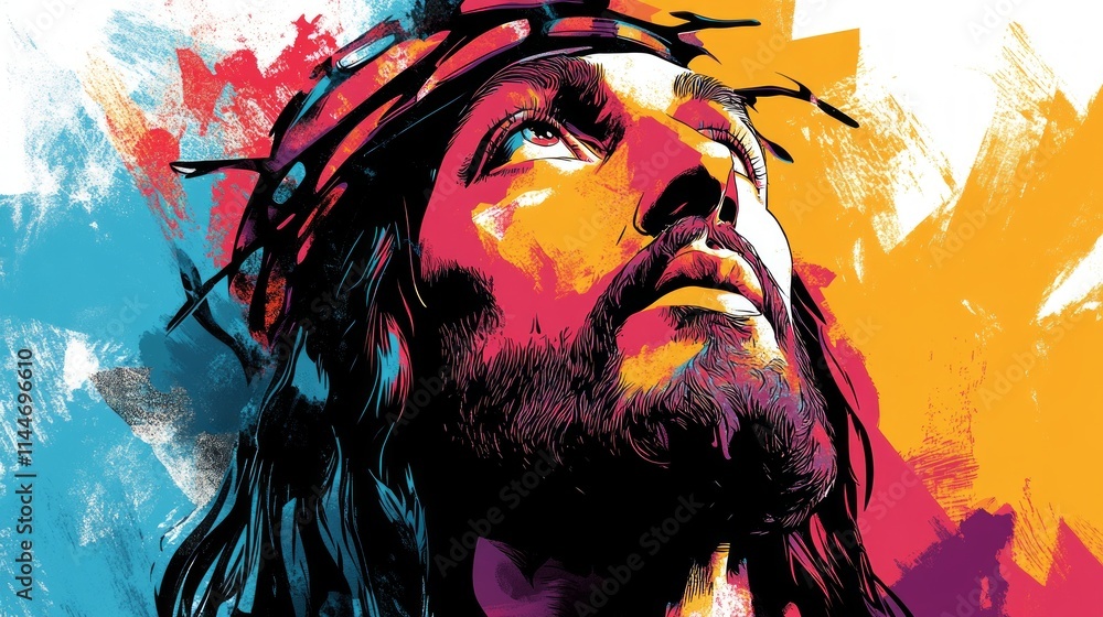 Jesus Christ gazes upward, surrounded by bold and vivid colors. His expression reflects a sense of hope and contemplation in this artistic representation Jesus Christ gazes upward, surrounded by bold and vivid colors. His expression reflects a sense of hope and contemplation in this artistic representation
