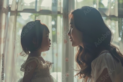 Cute little girl greeting her mother at home. Mothers day concept photo