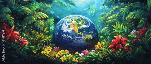 Fototapeta Naklejka Na Ścianę i Meble -  Brightly colored flowers and lush greenery surround the Earth, symbolizing unity and the importance of protecting our planet on Earth Day