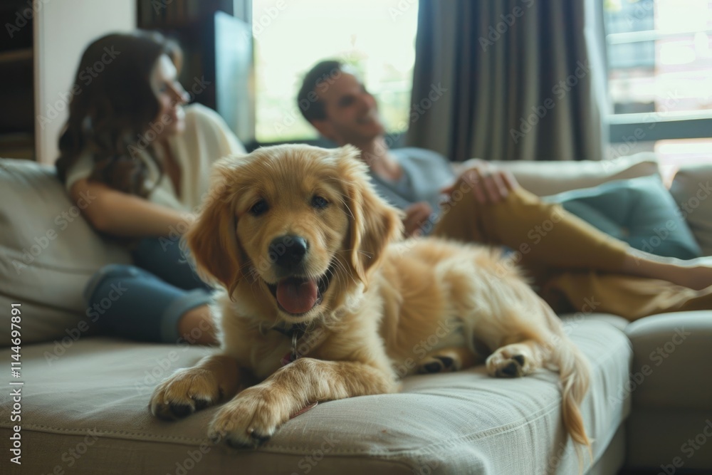 Happy family on sofa and puppy in living room Happy family on sofa and puppy in living room