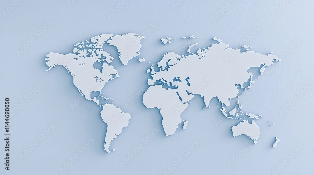 3D minimalist world map on light blue background. 3D minimalist world map on light blue background.