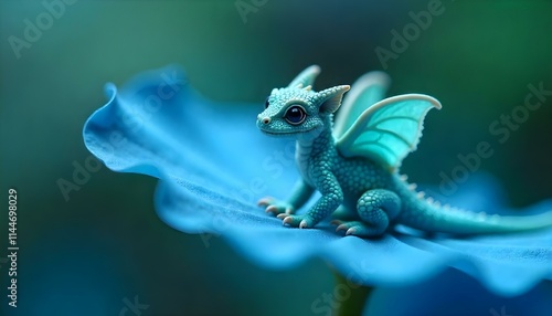 A tiny turquoise dragon, only 1 cm in size, sitting delicately on a vibrant blue flower petal. The scene emphasizes the dragon's small scale compared to the flower. photo