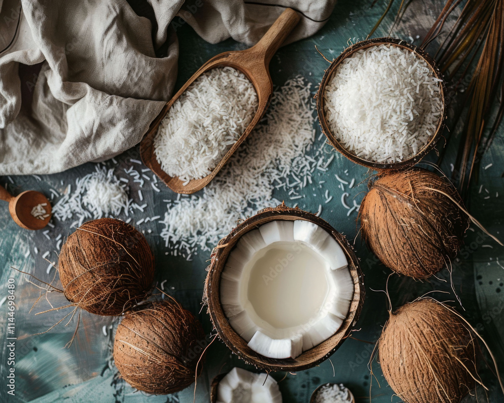 Coconut milk and rice on kitchen table, surrounded by coconuts and natural textures. serene and inviting scene for culinary inspiration Coconut milk and rice on kitchen table, surrounded by coconuts and natural textures. serene and inviting scene for culinary inspiration